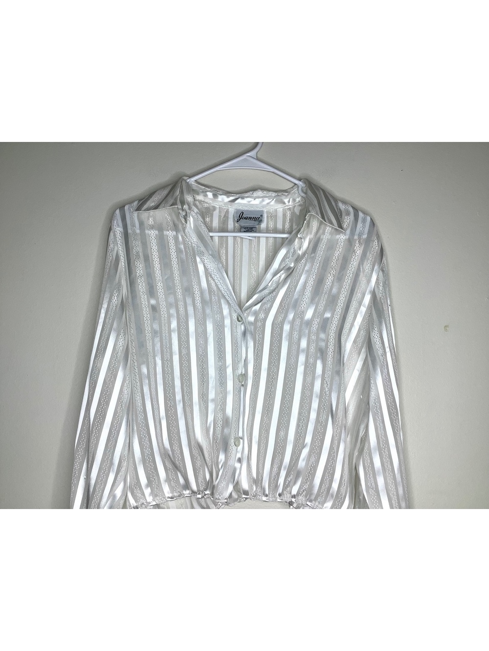 < Vintage Joanna White Striped Sheer Satin Button-Front Top > - Picture 3 of 7
